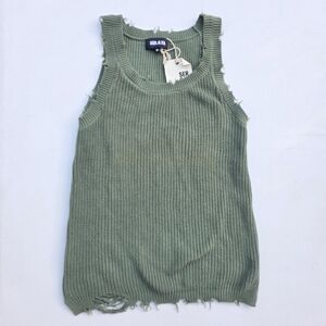 NEW SER.O.YA TATTERED SLEEVELESS SWEATER KNIT TOP IN GREEN SIZE S